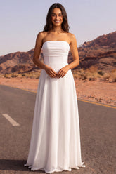 White Strapless A Line Ruched Maxi Wedding Dress