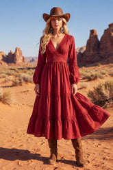 Red Long Sleeve A Line Ruffled Boho Midi Dress