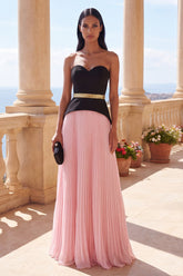 Strapless Colorblock Pink A Line Pleated Maxi Formal Dress