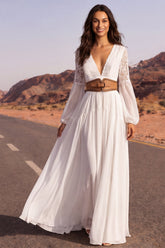 White Long Sleeve A Line Pleated Lace Wedding Dress with Belt