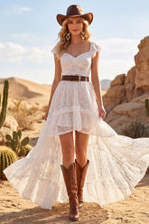 High Low White A Line Lace Ruffled Boho Wedding Dress