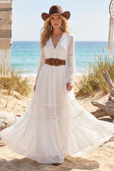 Long Sleeve White A Line Lace V Neck Wedding Dress with Belt
