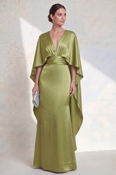 Green Satin Mermaid Ruched Mother of the Bride Dress with Cape