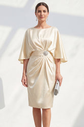 Champagne Satin Bodycon Ruched Midi Mother of the Bride Dress