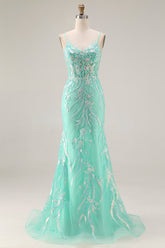 Sparkly Mint Green Mermaid Maxi Prom Dress with Appliques