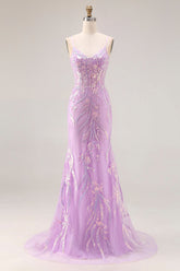 Sparkly Purple Mermaid Appliqued Maxi Prom Dress