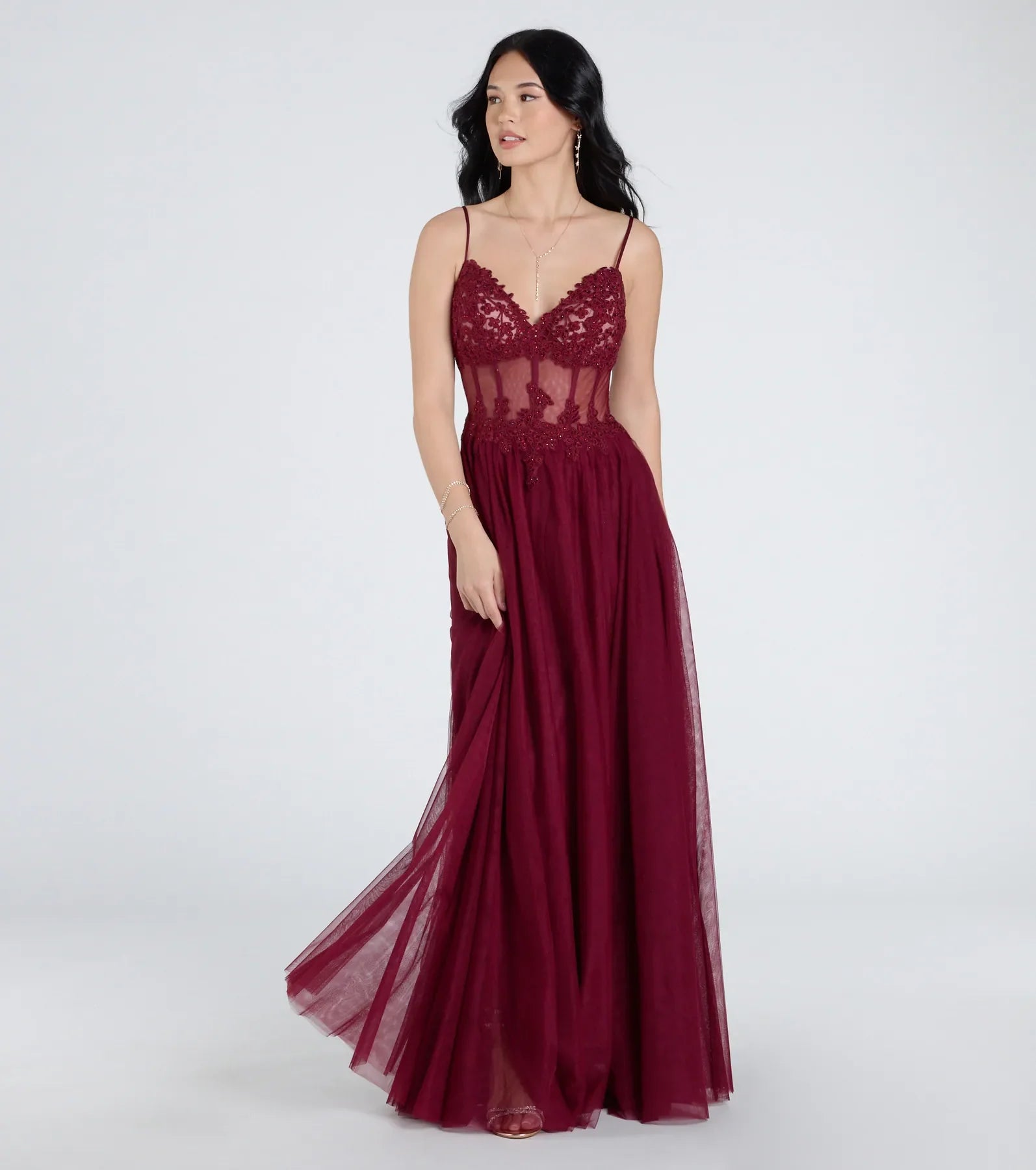 Fatima V-Neck Embroidered A-Line Tulle Dress