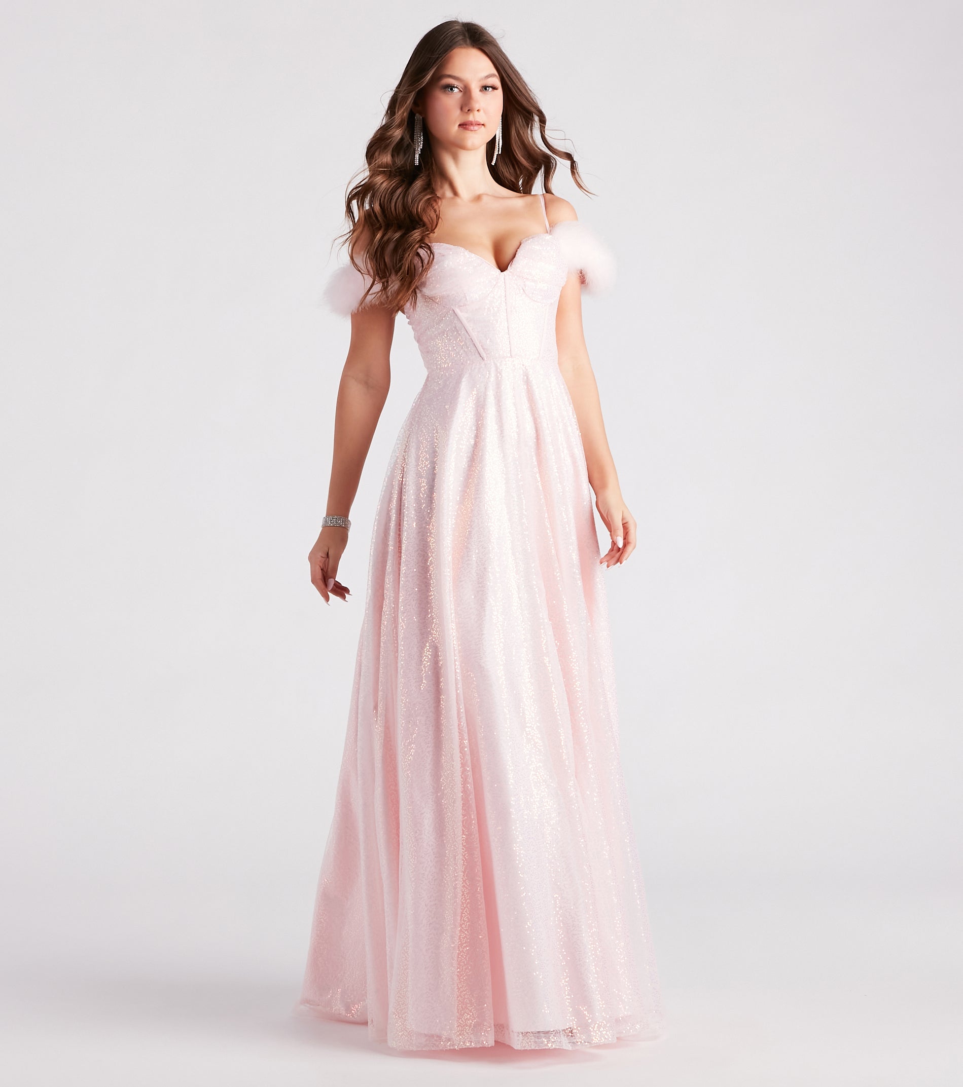 Kayleen Sequin Feather A-Line Ball Gown