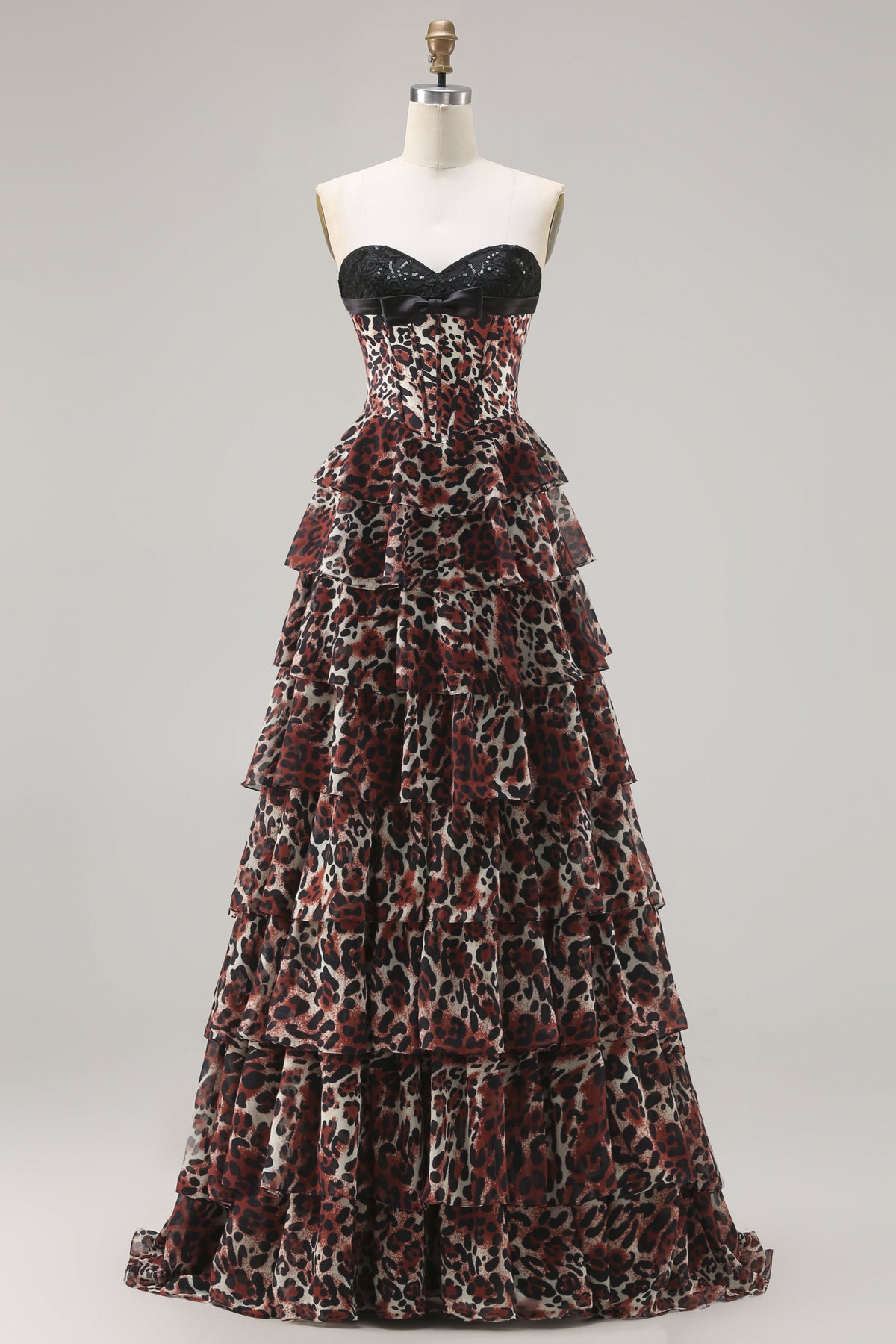 Sweetheart Brown Leopard Tiered Corset A-Line Prom Dress