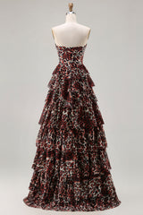 Sweetheart Brown Leopard Tiered Corset A-Line Prom Dress