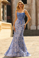 Grey Blue Sequin Mermaid Corset Prom Dress with Appliques