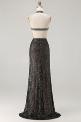 Sparkly Black Halter Mermaid Prom Dress With Slit