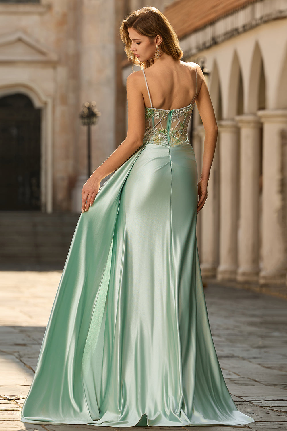 Sparkly Pink Corset Appliqued Satin Prom Dress