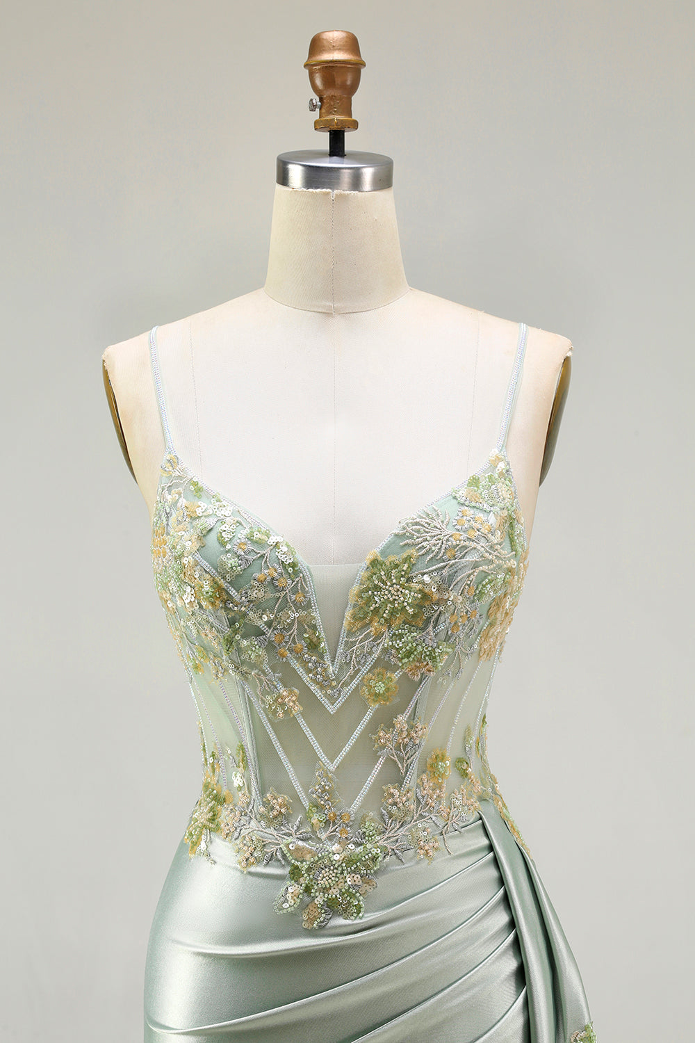 Green Mermaid Beaded Spaghetti Straps Satin Prom Dress With Slit