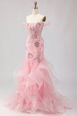 Sparkly Blush Mermaid Off The Shoulder Corset Prom Dress