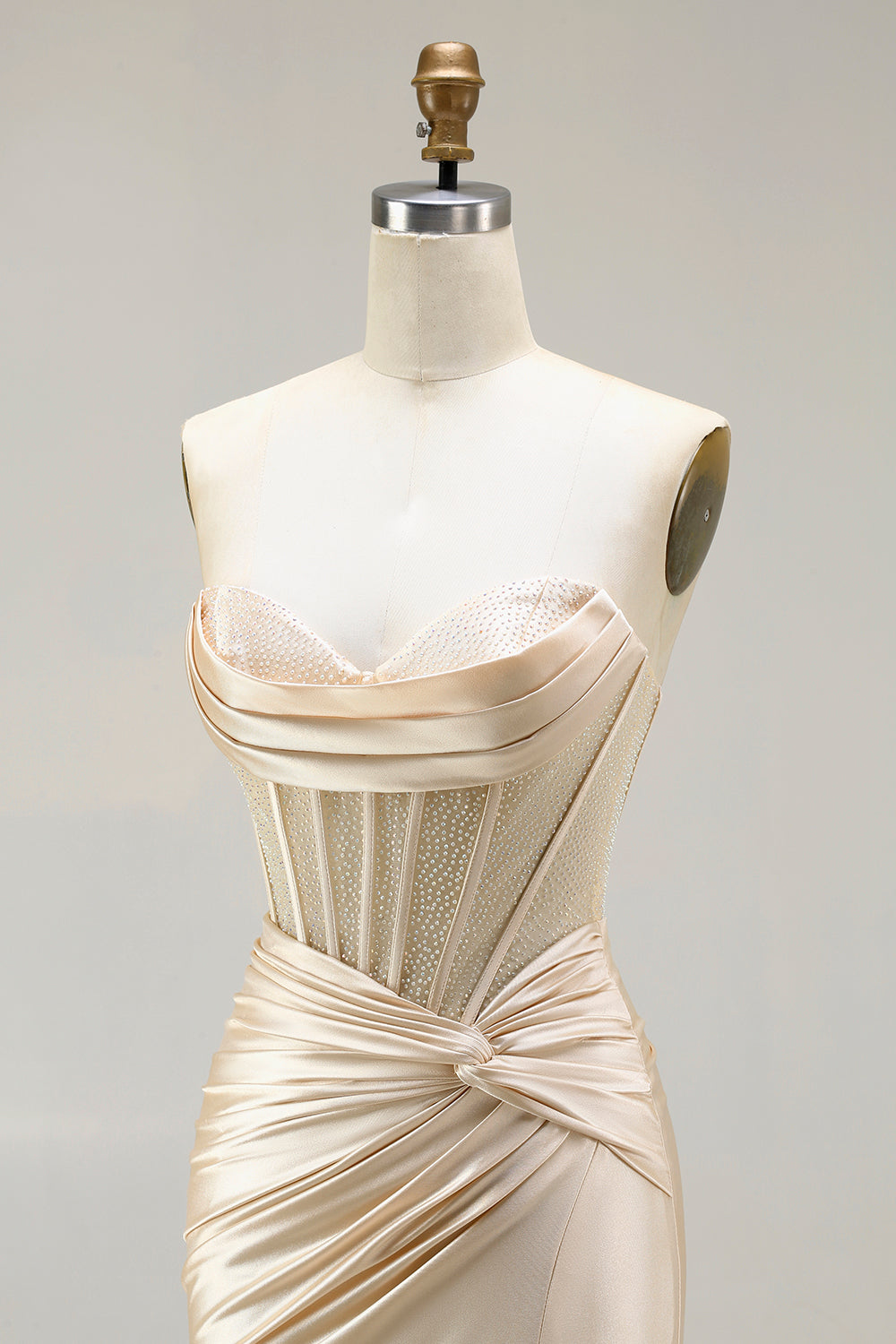 Champagne Mermaid Beaded Sweetheart Corset Prom Dress With Slit