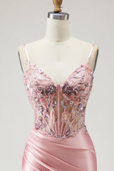 Blush Corset Sequin Satin Mermaid Prom Dress With Slit