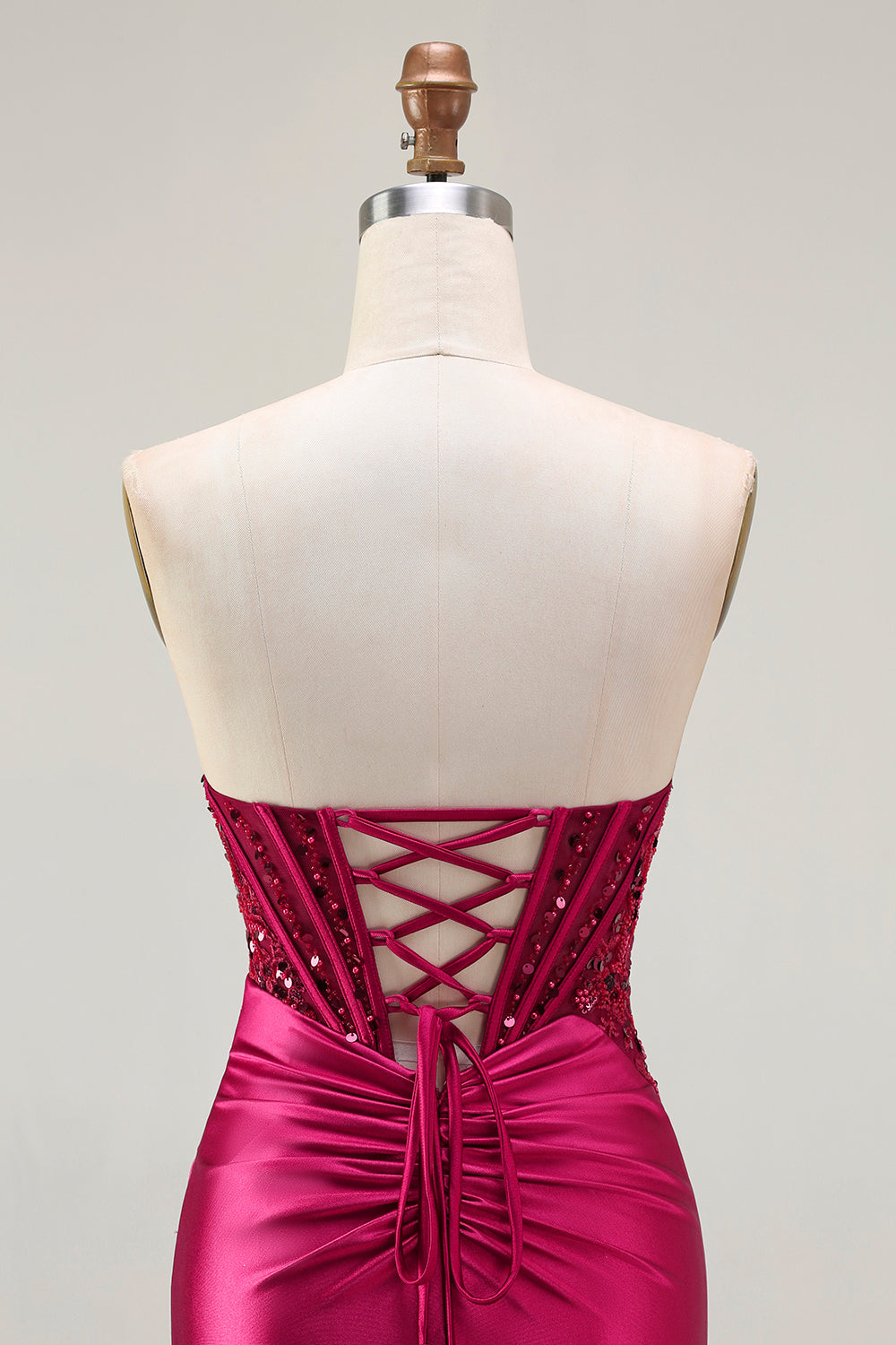Burgundy Corset Strapless Mermaid Satin Prom Dress With Slit
