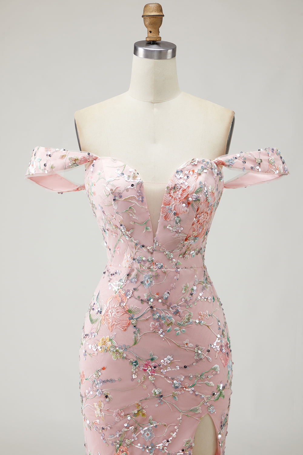 Floral Embroidered Blush Off The Shoulder Sequin Mermaid Prom Dress With Slit