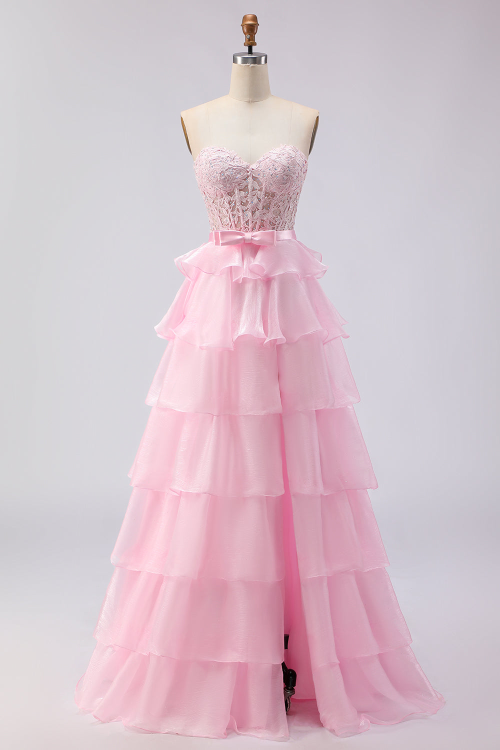 Strapless Corset Appliqued Tiered Green Prom Dress