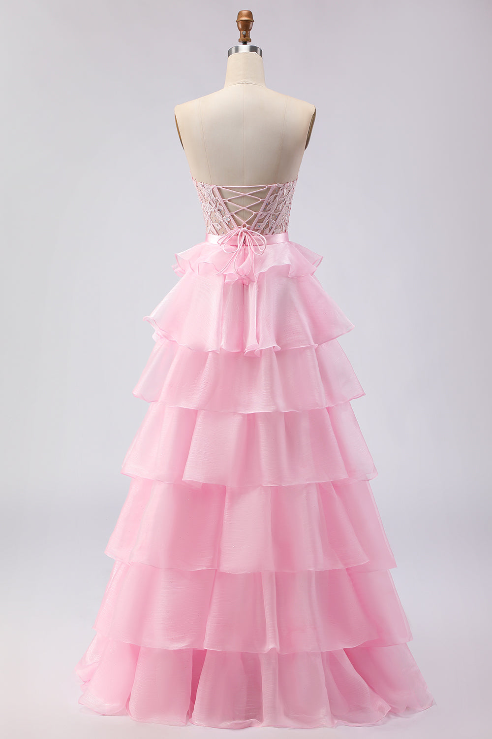 Strapless Corset Appliqued Tiered Green Prom Dress