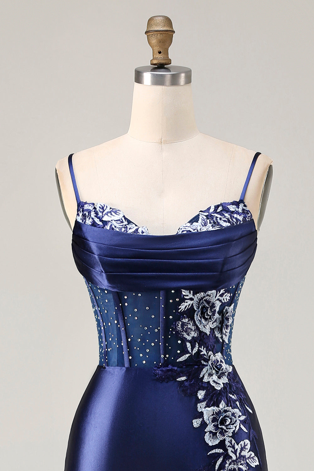 Elegant Navy Mermaid Embroidered Corset Prom Dress With Slit
