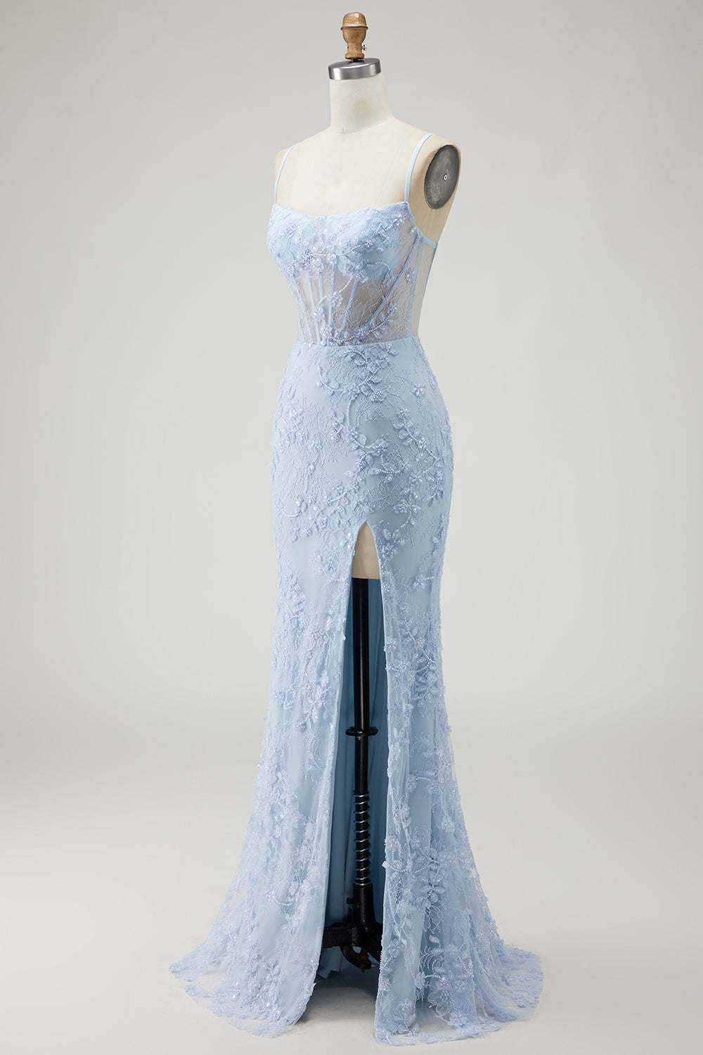 Blue Mermaid Appliqued Corset Prom Dress With Slit