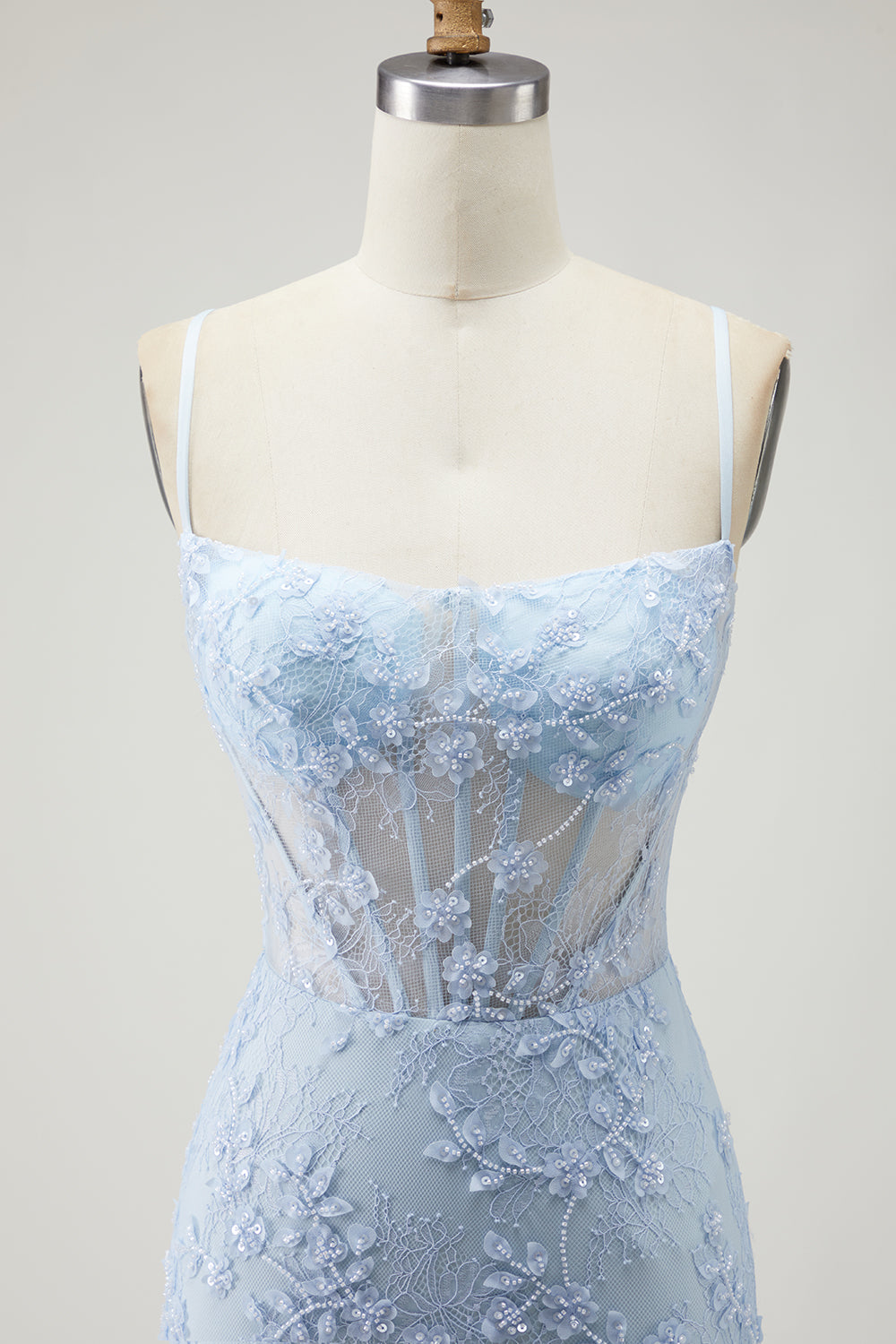Blue Mermaid Appliqued Corset Prom Dress With Slit