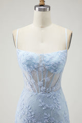 Blue Mermaid Appliqued Corset Prom Dress With Slit