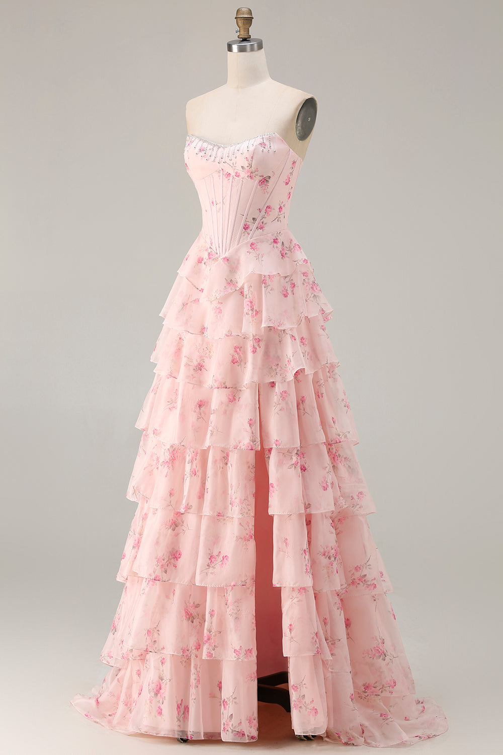 Floral Strapless Yellow A-Line Tiered Corset Prom Dress With Slit