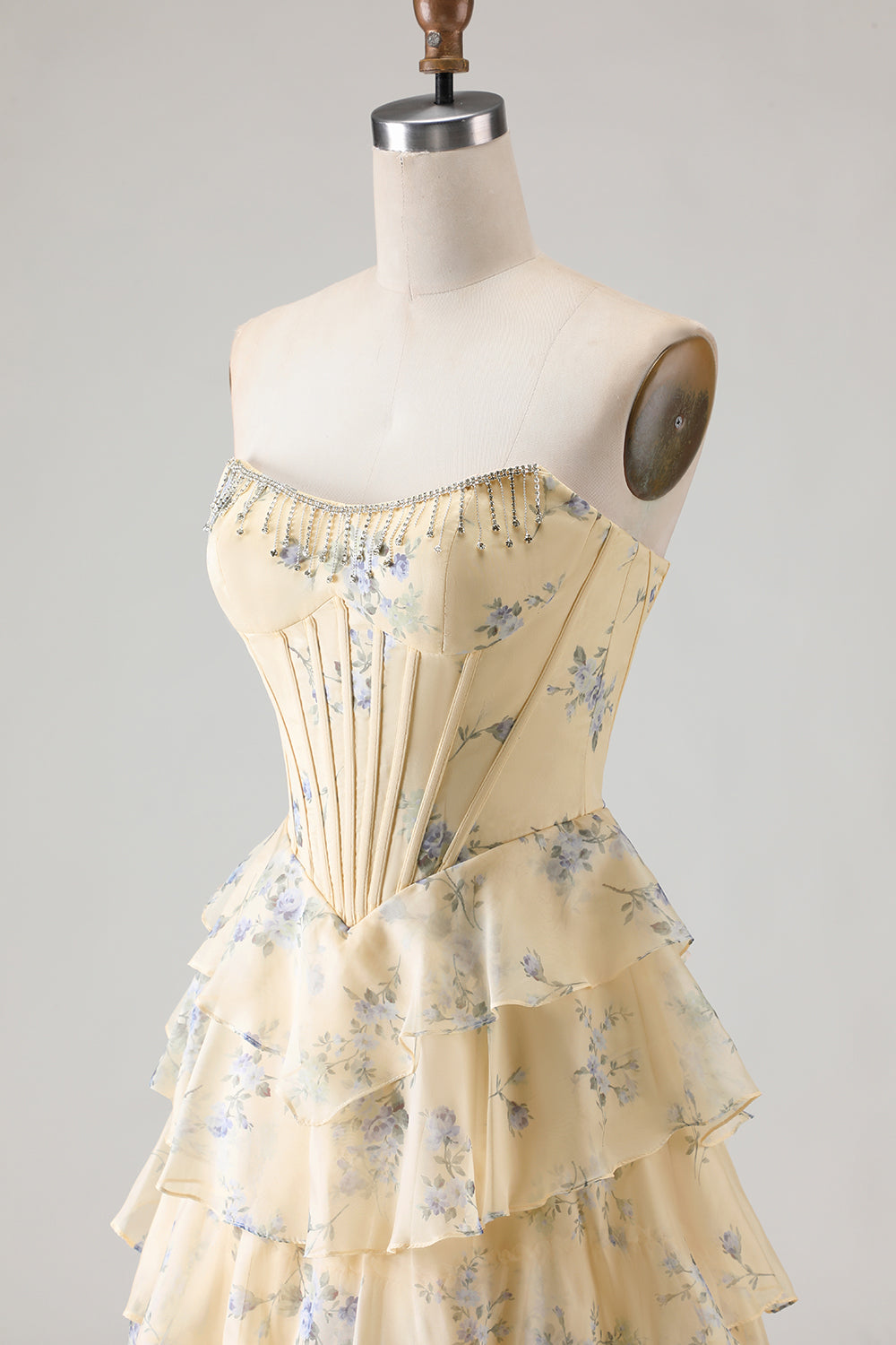 Floral Strapless Yellow A-Line Tiered Corset Prom Dress With Slit