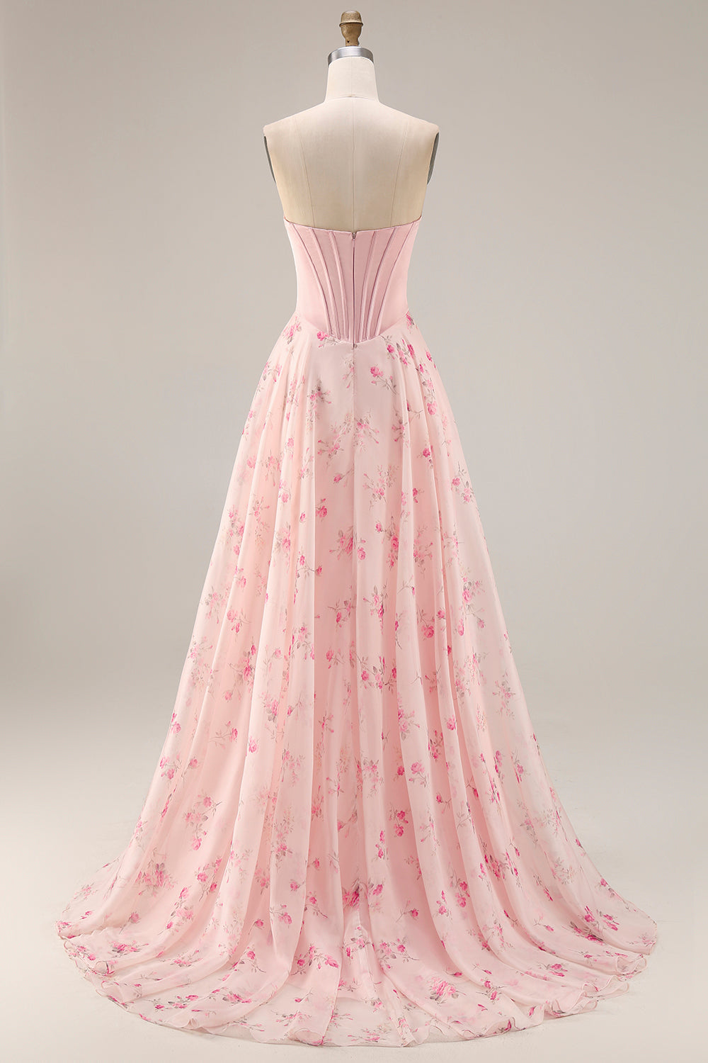 Pink Red Floral Strapless Corset A Line Prom Dress