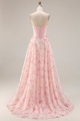 Pink Red Floral Strapless Corset A Line Prom Dress