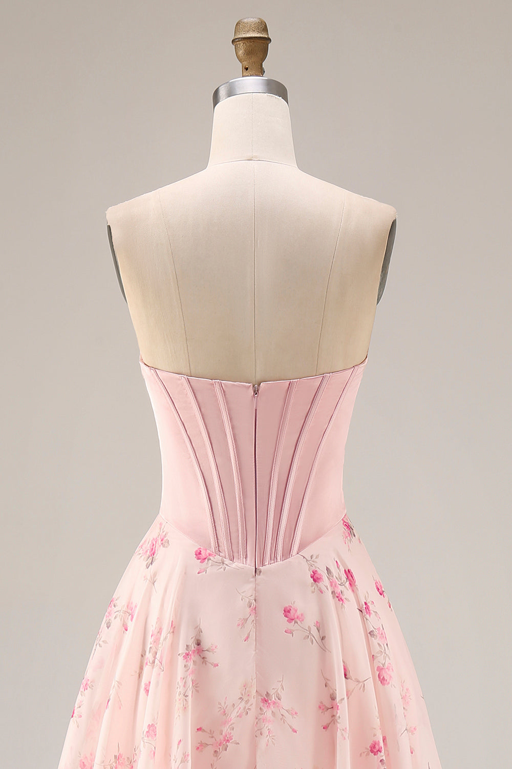 Pink Red Floral Strapless Corset A Line Prom Dress