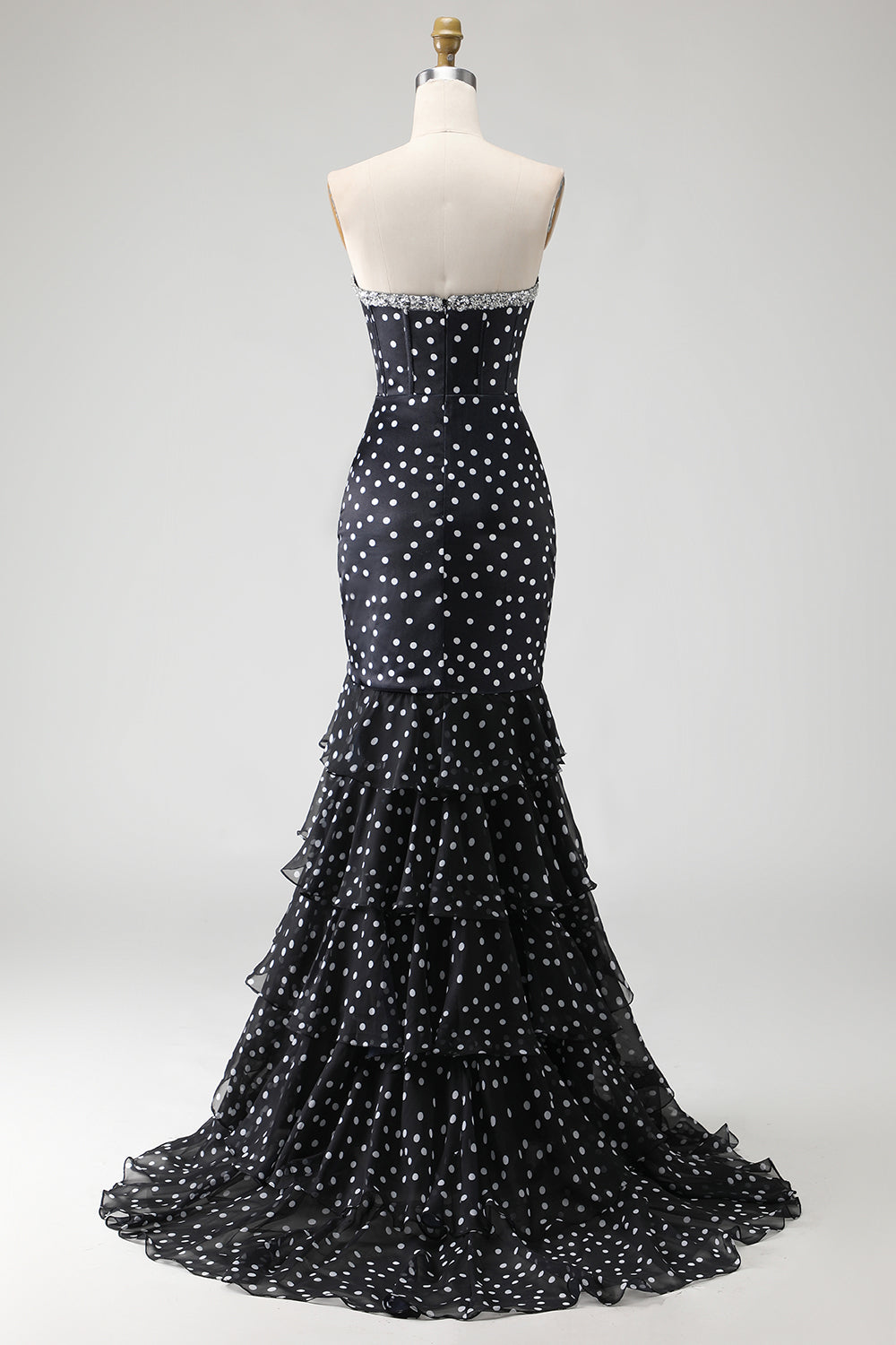 Strapless Black White Dot Corset Tiered Mermaid Prom Dress With Slit