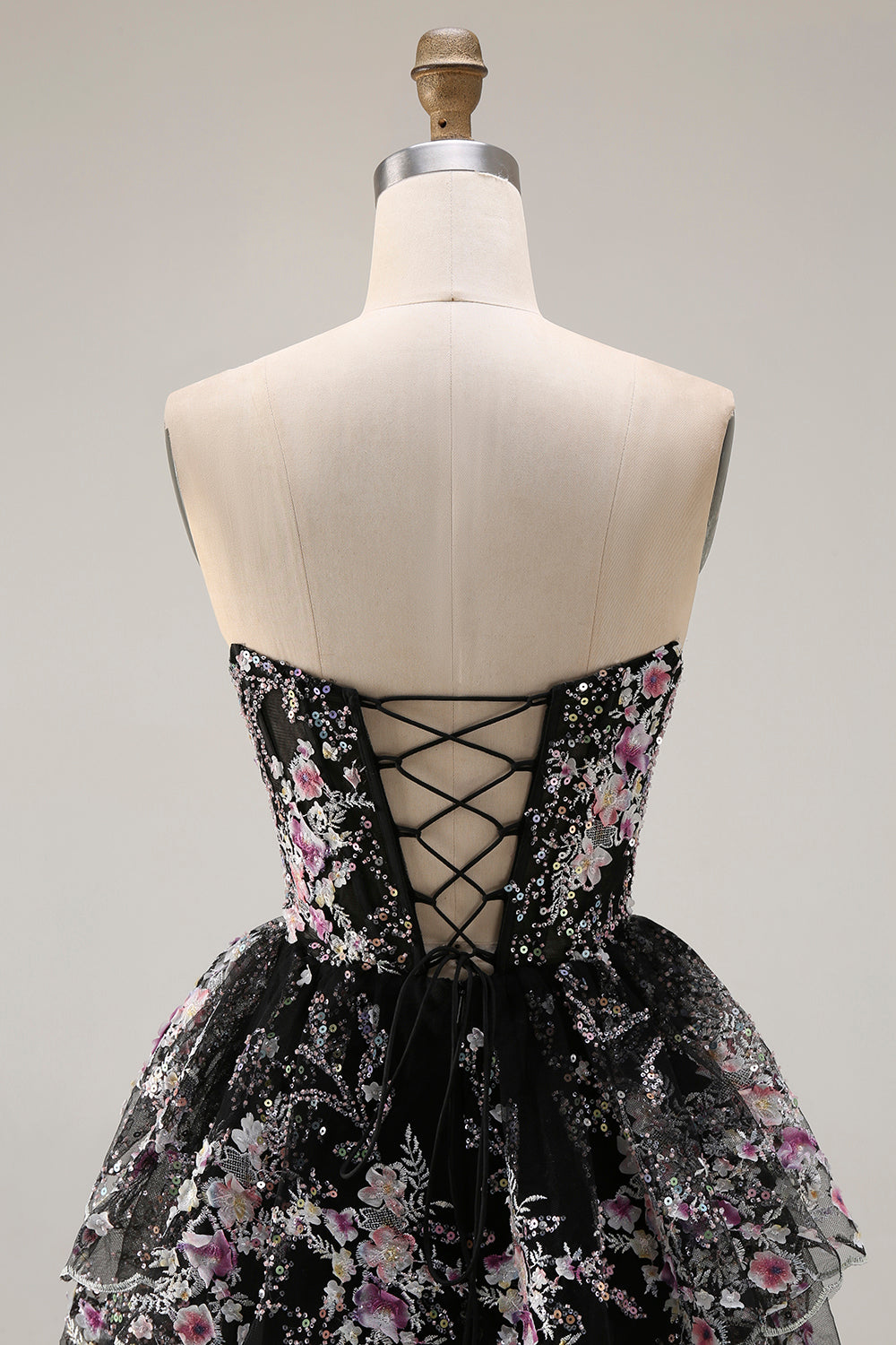 Sparkly White Pink Floral Tiered Strapless Appliqued Prom Dress