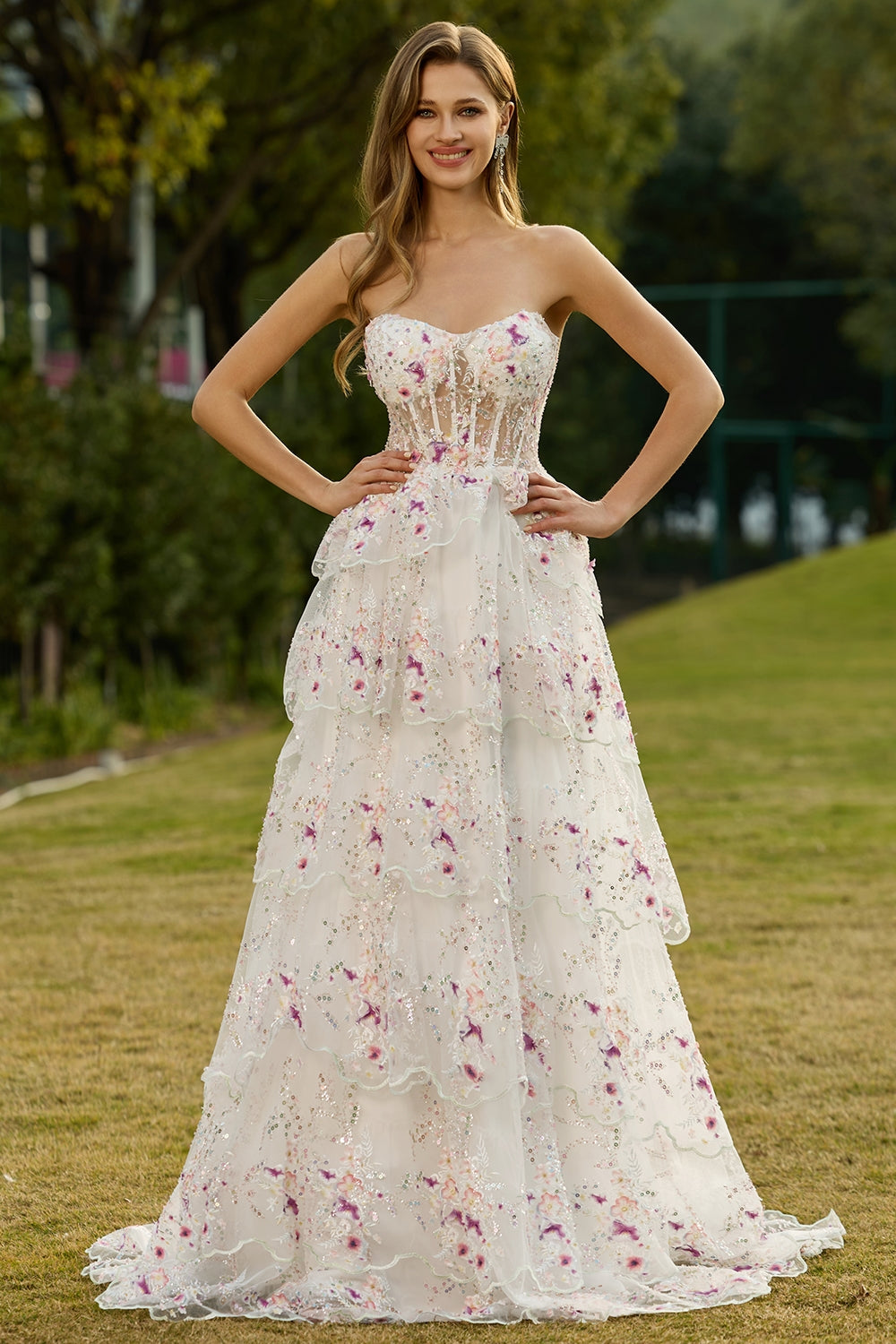Sparkly Tiered Black Pink Floral Strapless Appliqued Prom Dress