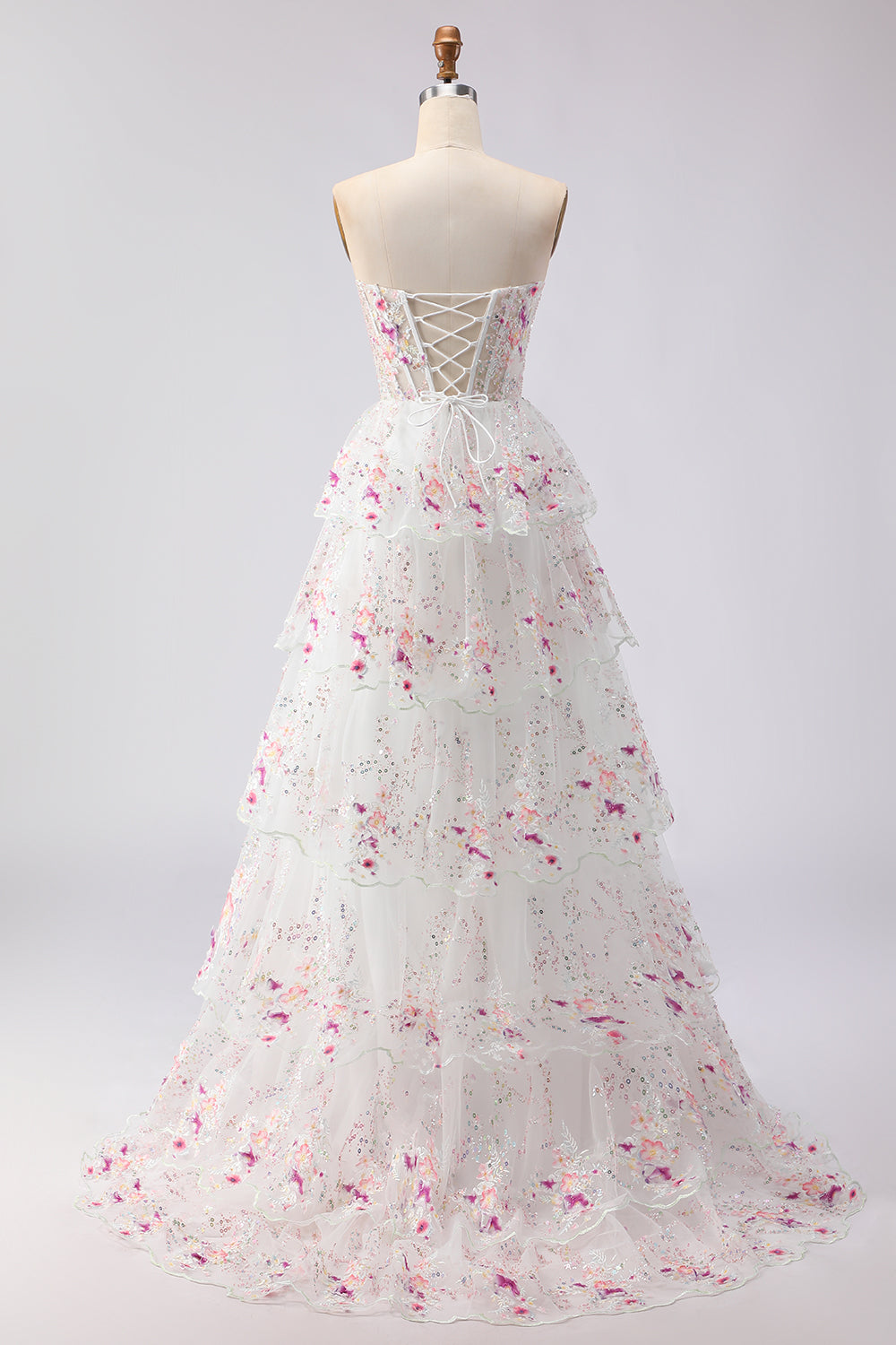Sparkly Tiered Black Pink Floral Strapless Appliqued Prom Dress