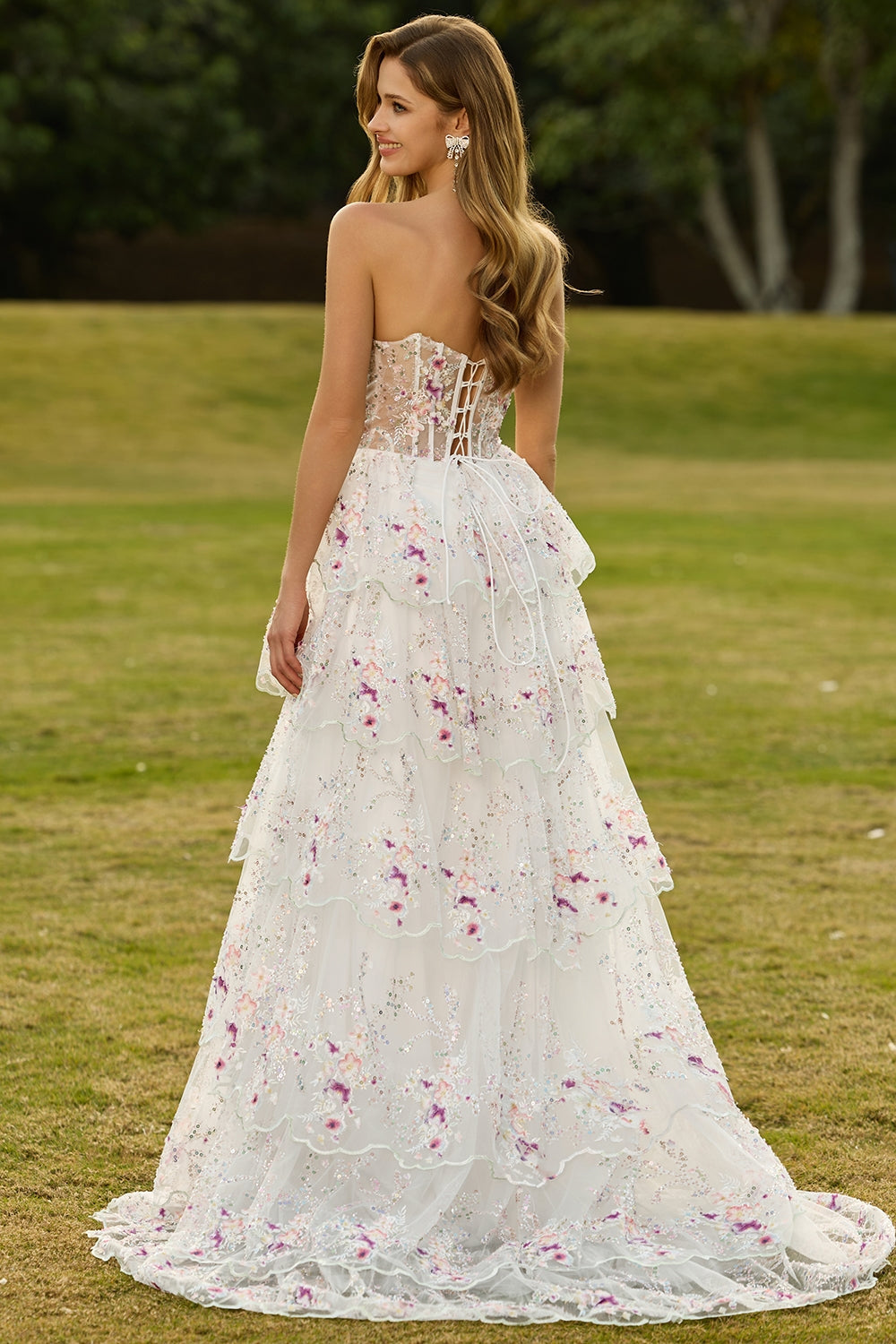 Sparkly Tiered Black Pink Floral Strapless Appliqued Prom Dress