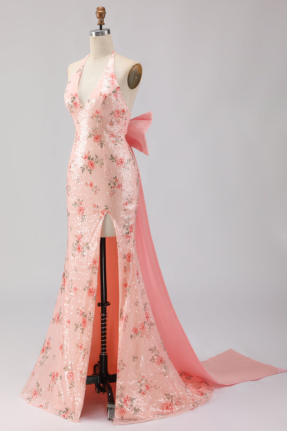 Sparkly Blush Floral Halter Mermaid Cut Out Prom Dress