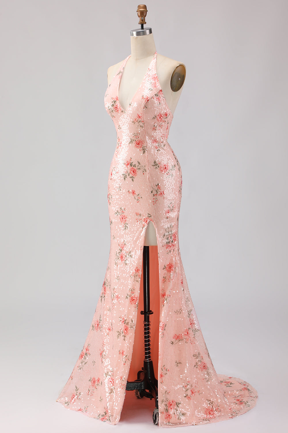 Sparkly Blush Floral Halter Mermaid Cut Out Prom Dress