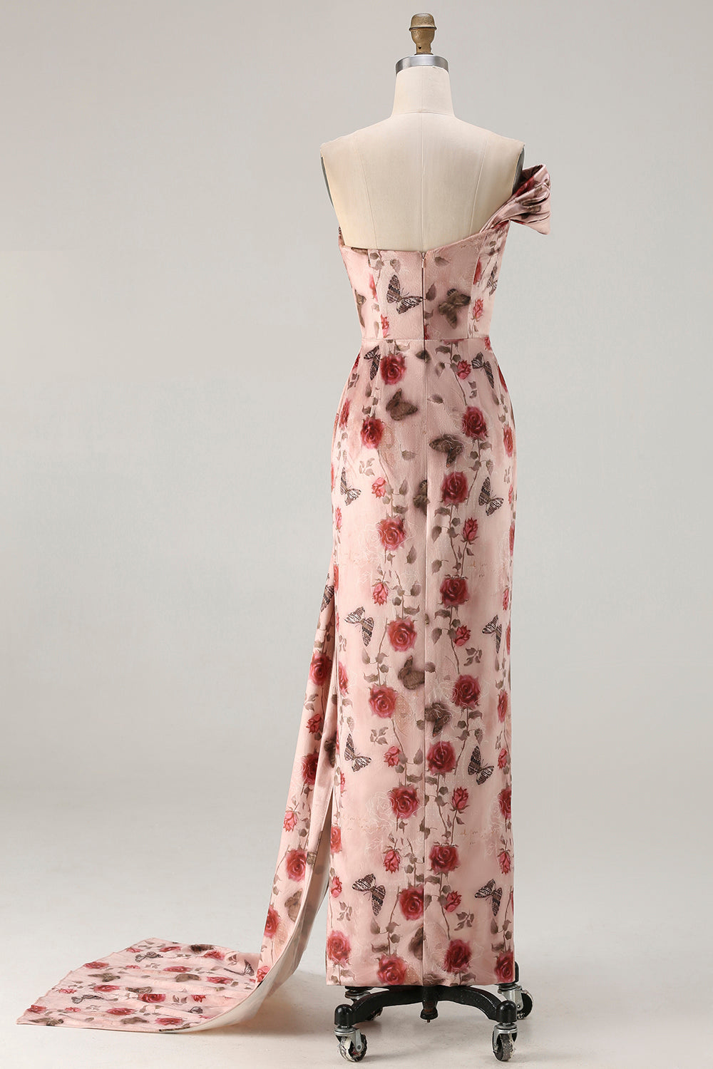 Black Red Flower One Shoulder Sheath Prom Dress With Side Cape