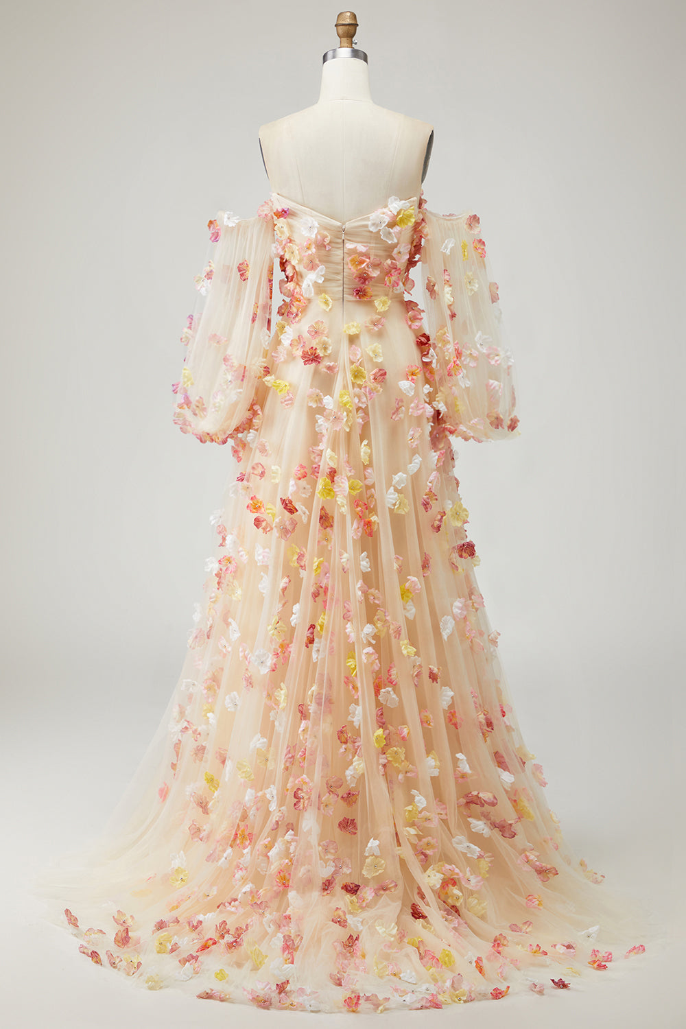 Floral Champagne A-Line Strapless Maxi Prom Dress With Removable Sleeves