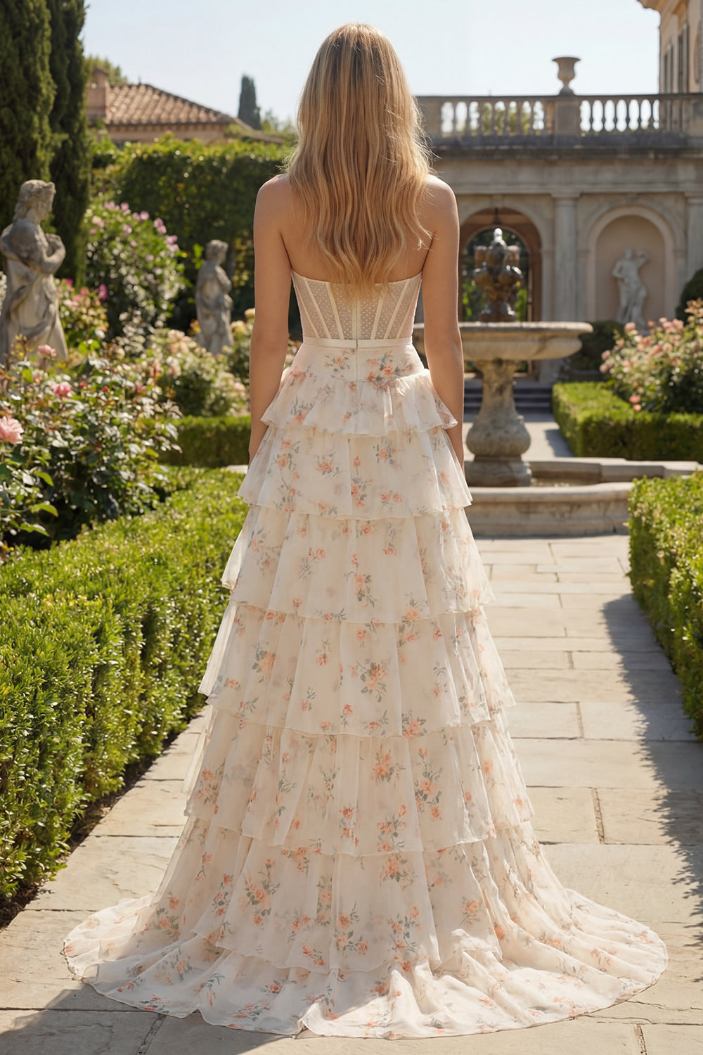 Strapless Pink Floral Corset A-Line Prom Dress With Ruffles