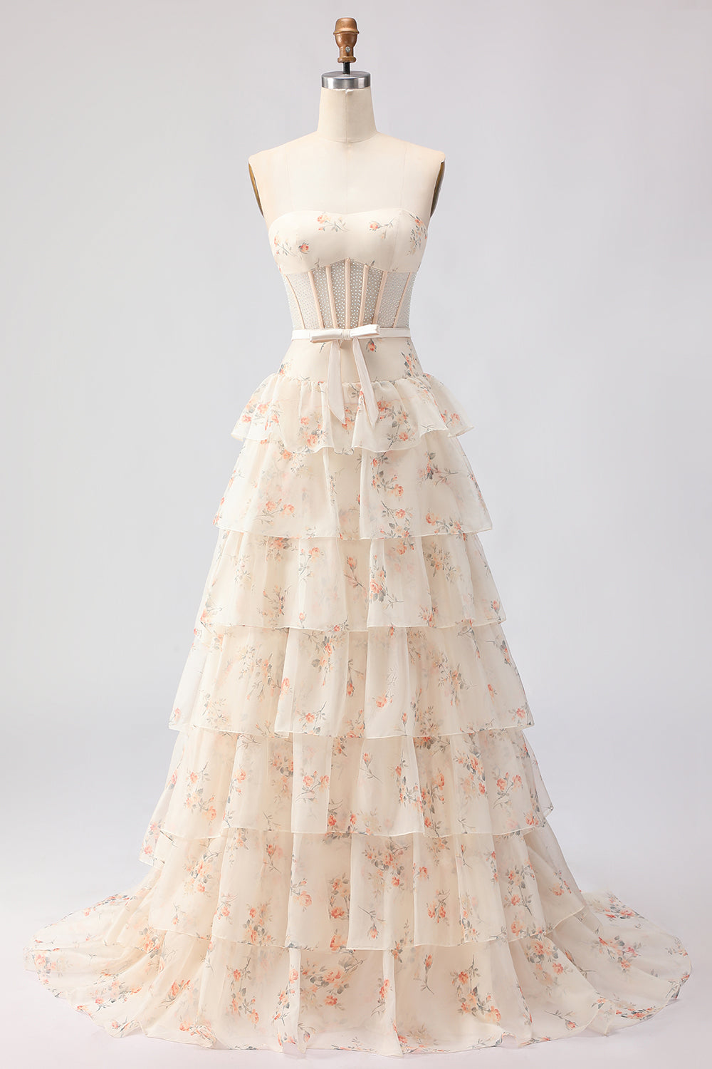 Strapless Pink Floral Corset A-Line Prom Dress With Ruffles