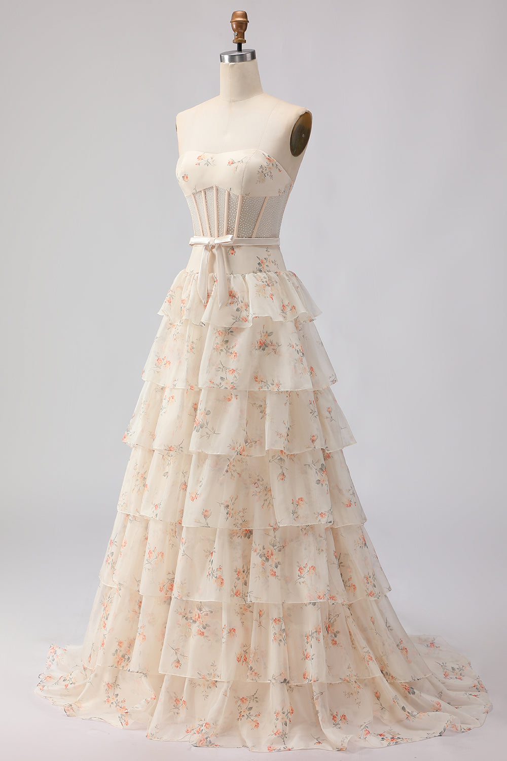 Strapless Pink Floral Corset A-Line Prom Dress With Ruffles