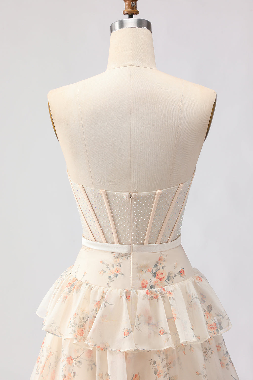 Champagne Orange Floral Corset A Line Strapless Prom Dress