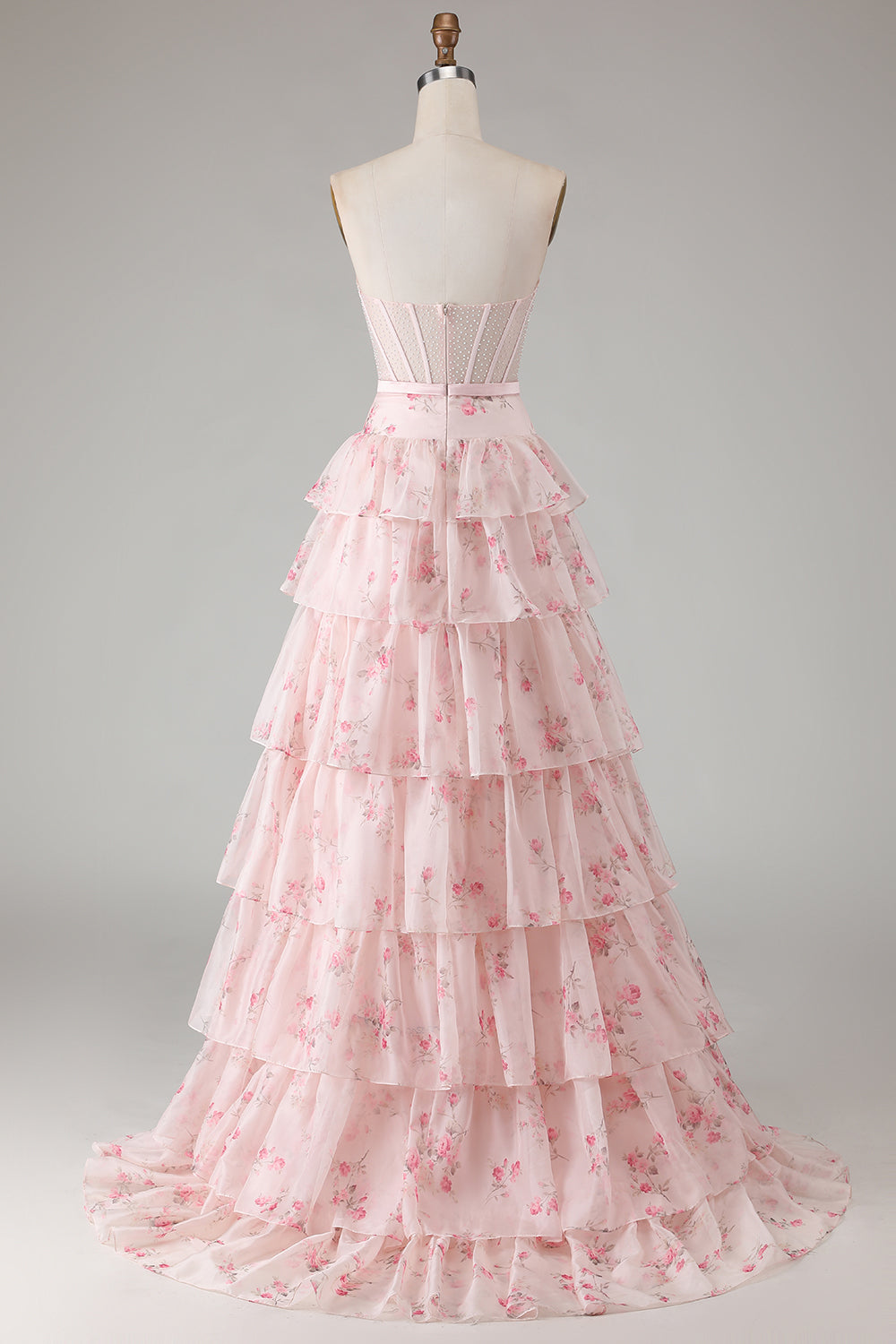Champagne Orange Floral Corset A Line Strapless Prom Dress