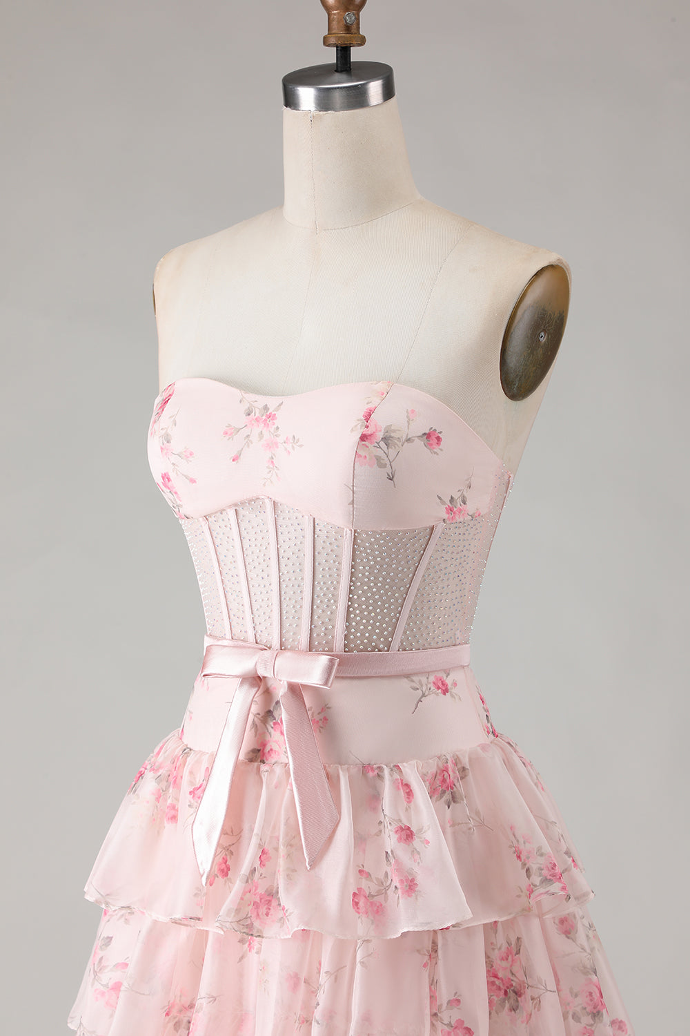 Yellow Blue Floral Strapless Corset A Line Prom Dress