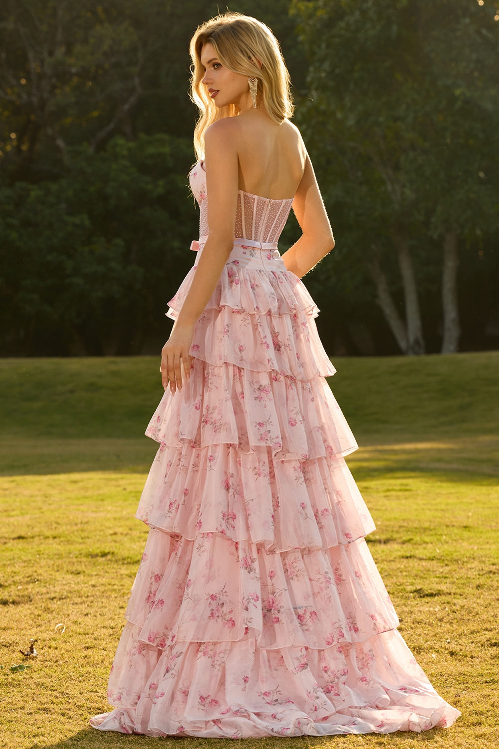 Champagne Orange Floral Corset A Line Strapless Prom Dress